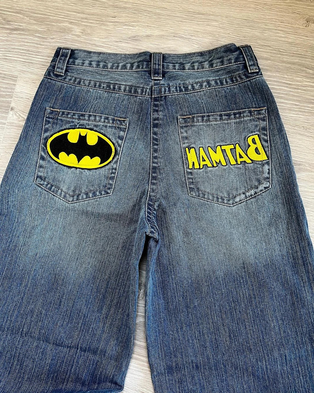 Punk Bat Embroidered Hip Hop Streetwear Jeans Y2K Pants Harajuku Gothic Retro Blue Baggy Jeans Mens High Waist Wide Leg Trousers