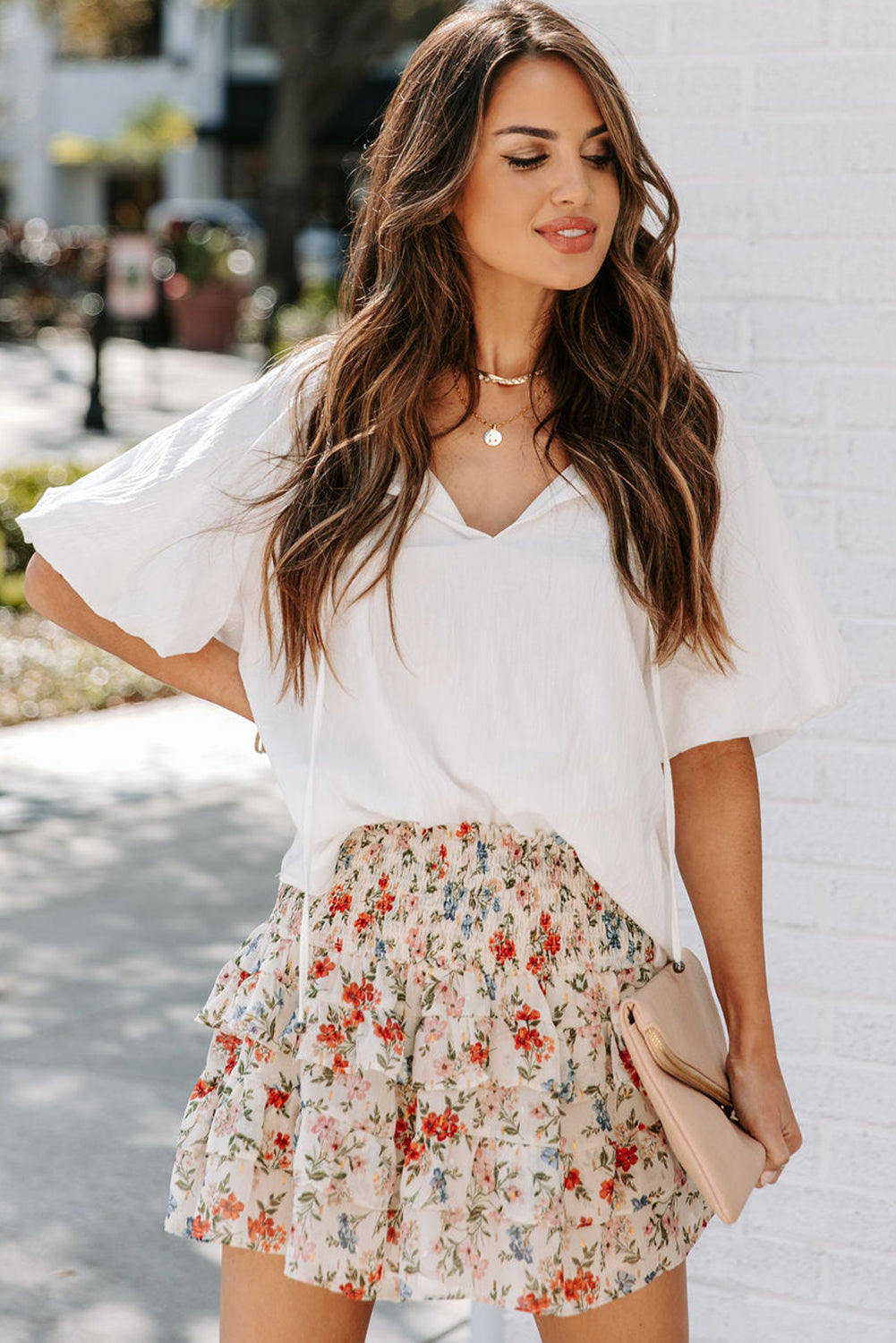 Beige Smocked High Waist Ruffle Tiered Floral Skirt