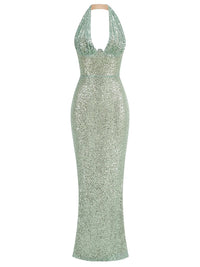 Sexy Halter Deep V Neck Sequins Maxi Dress Women Green Sleeveless Backless Sequined Slim Long Dresses Celebrity Party Gowns