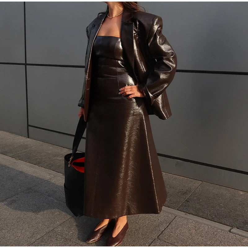 PU Women's Coat With Dress Suit Fashioh Sleeveless Strapless Faux Leather Dress And Loose Lapel Long Sleeve Coat Two Piece Set