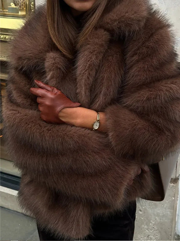 Luxury Solid Warm Faux Fur Jacket For Women Warm Lapel Fluffy Plush Long Sleeve Coat 2025 Winter New Lady Commuting Outerwear