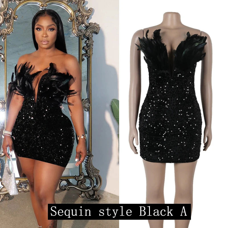 HLJ Black Feathers Sexy Luxury Sequin Tube Dress Backless Mini Bodycon Dresses for Woman Rave Club Birthday Party Night Vestidos