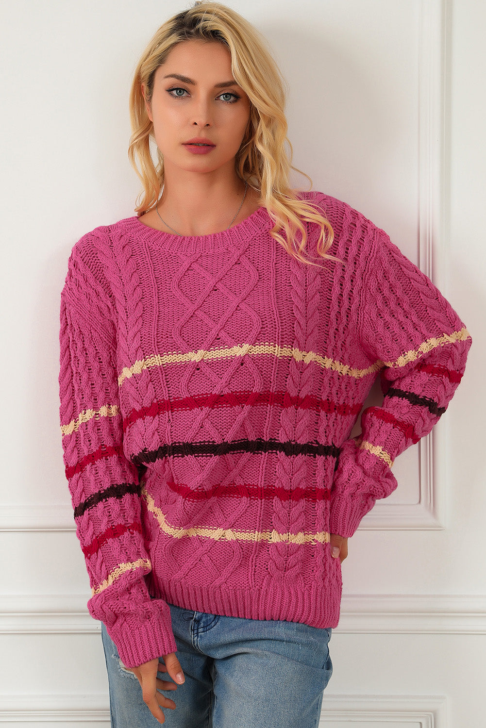 Rose Striped Color Block Textured Knit Pullover Sweater