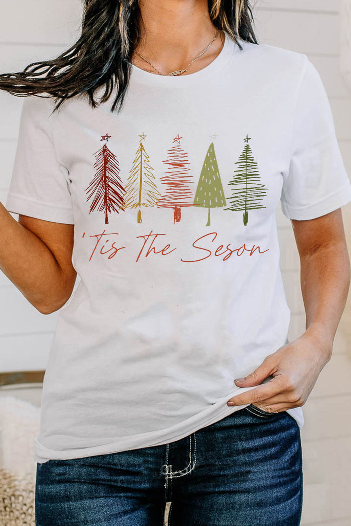 White Cute Christmas Trees Print Crew Neck T Shirt