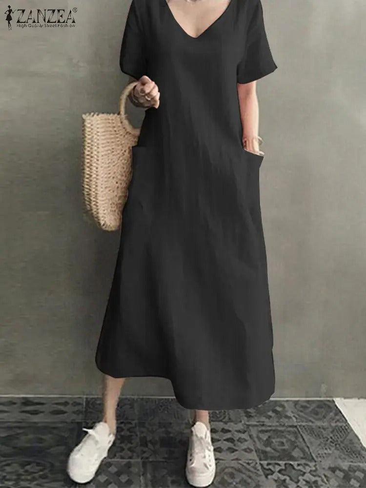 ZANZEA 2023 Women Long Maxi Summer Dress Casual Cotton Linen  Ladies Big Pockets Beach Party Robe Femme Vestidos