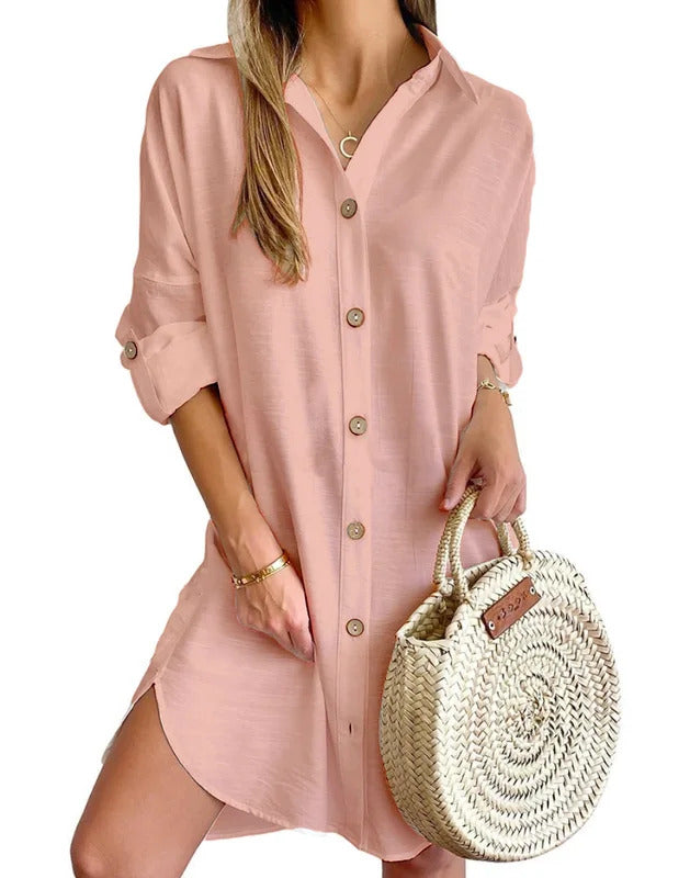 Solid Color Button Front Shirt Dress Casual Long Sleeve Lapel Dress For Spring & Fall Women's Clothing