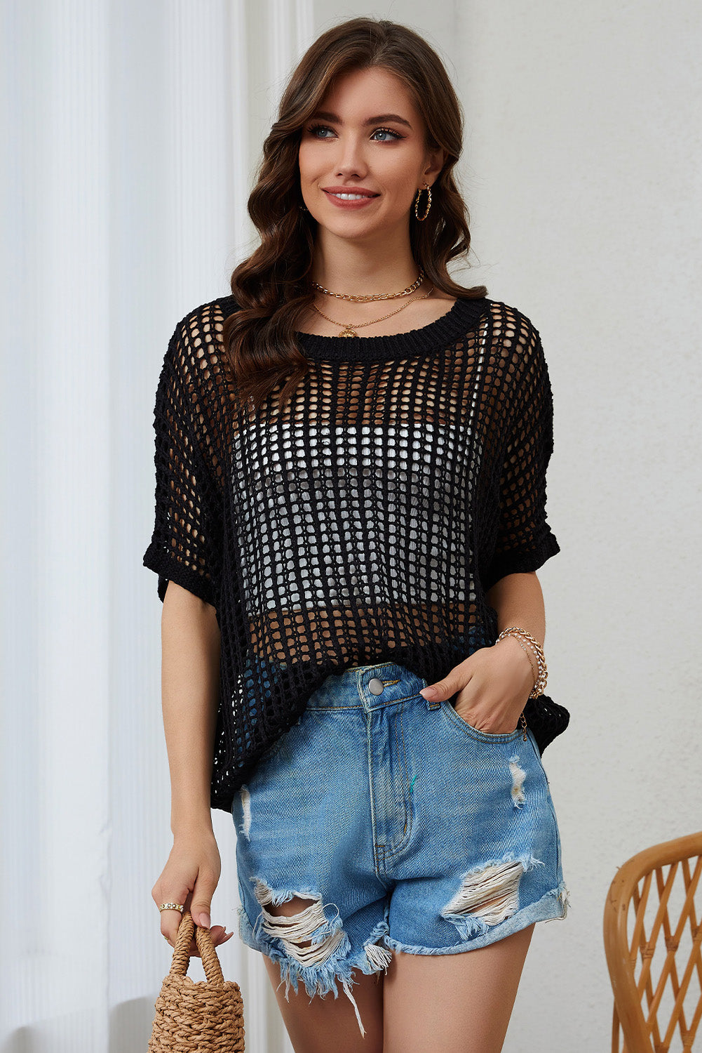 Black Fishnet Knit Ribbed Round Neck Short Sleeve Sweater Tee