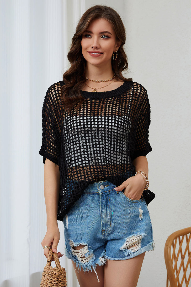 Black Fishnet Knit Ribbed Round Neck Short Sleeve Sweater Tee