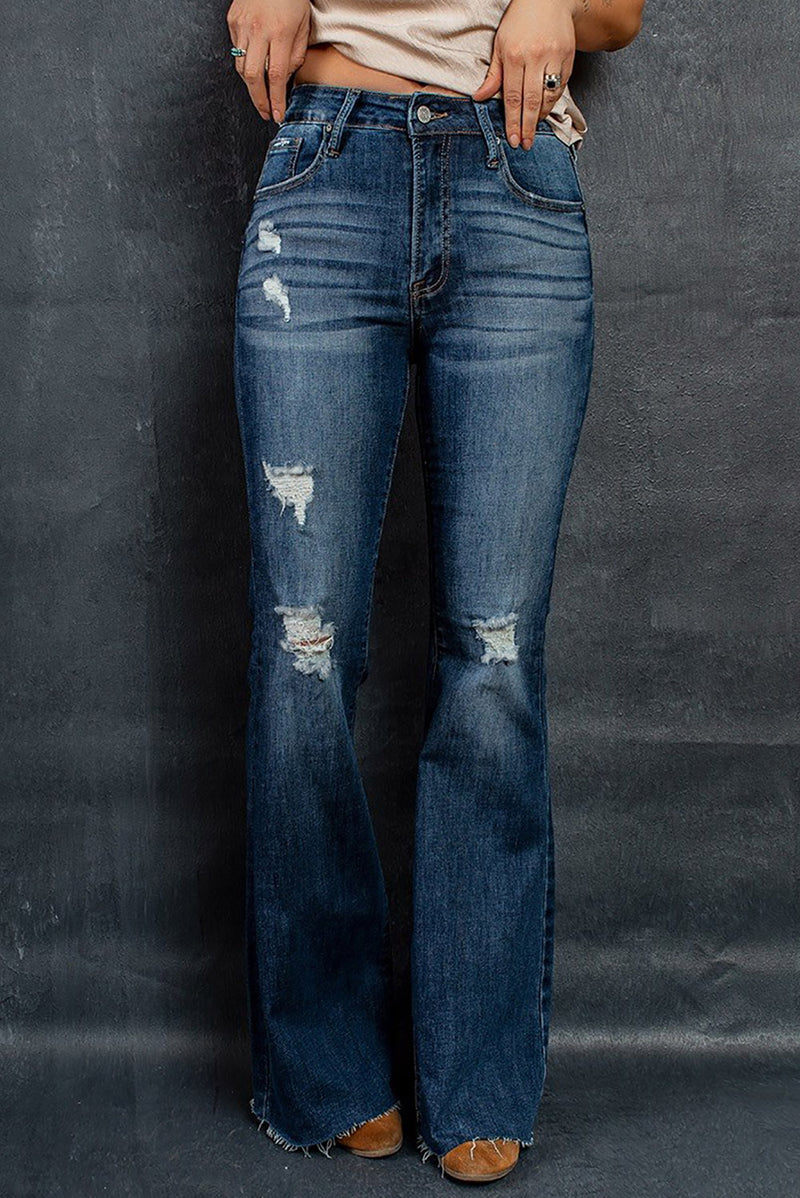 Sky Blue Dark Wash Mid Rise Flare Jeans