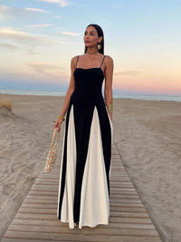 Sexy Women Contrasting Patchwork Sling Dress Elegant Slim Sleeveless Maxi Vestidos 2024 Summer Female Evening Party Robes