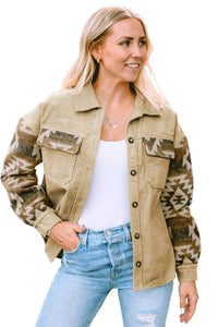 Khaki Aztec Print Patchwork Frayed Edge Corduroy Jacket