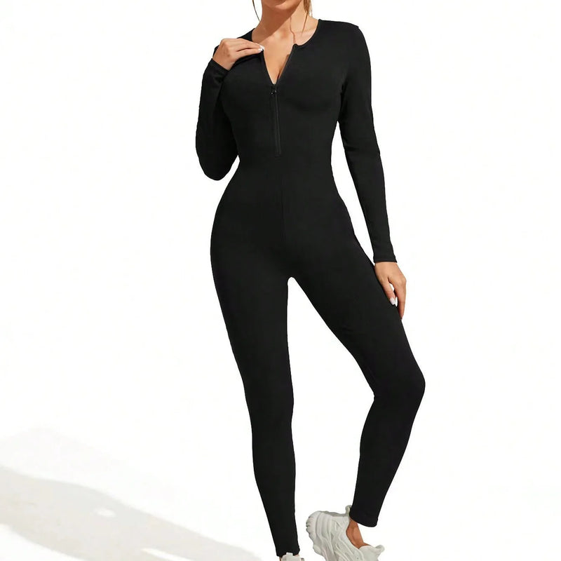 Fall new hot sale sexy bodysuit for women solid color ribbed long sleeve zipper bodycon sporty clothing rompers women's jumpsuit