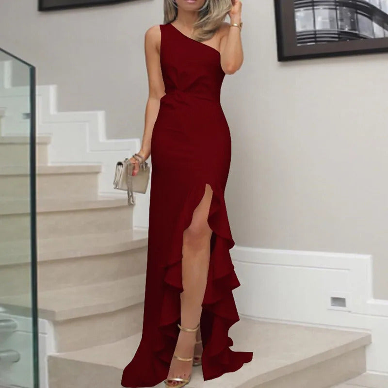 Party Dress 2024 Hot One Shoulder Ruched Ruffle Formal Dress Soild Slit Evening Dresses For Women Elegant Female Clothes Vestido