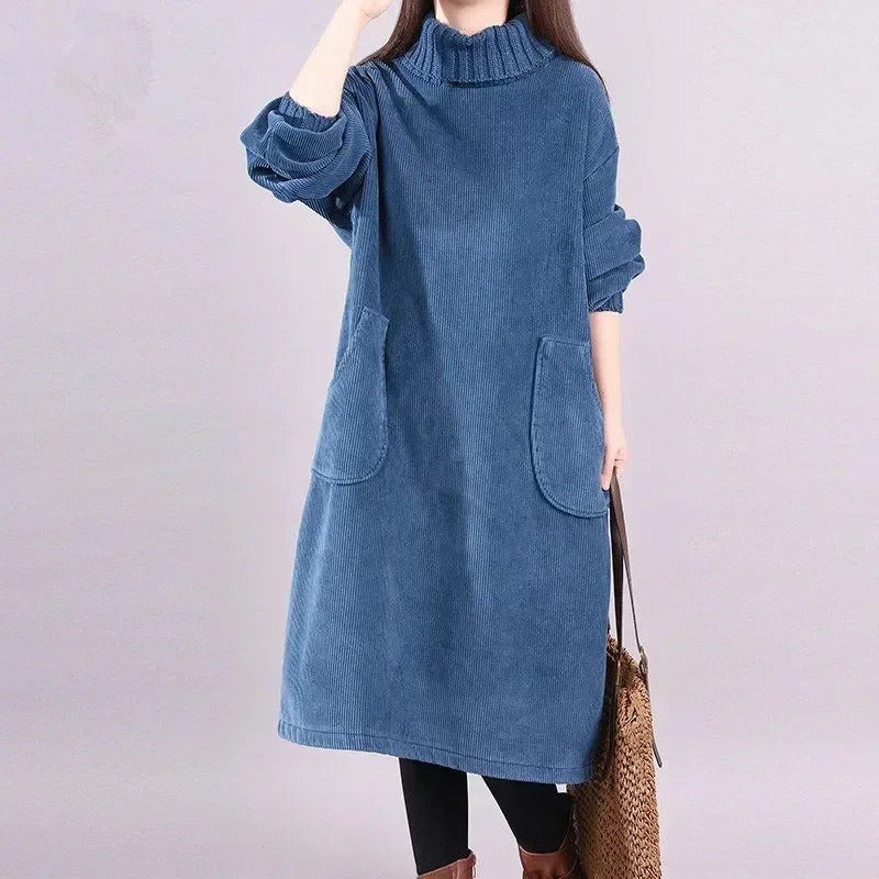 Women Autumn Winter Dress New Retro Corduroy Vestidos Add  Velvet High Neck Dress Mid-Length Loose Pullover Sweater Female 2022