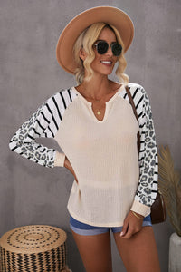 Animal Striped Sleeve Patchwork Waffle Knit Top