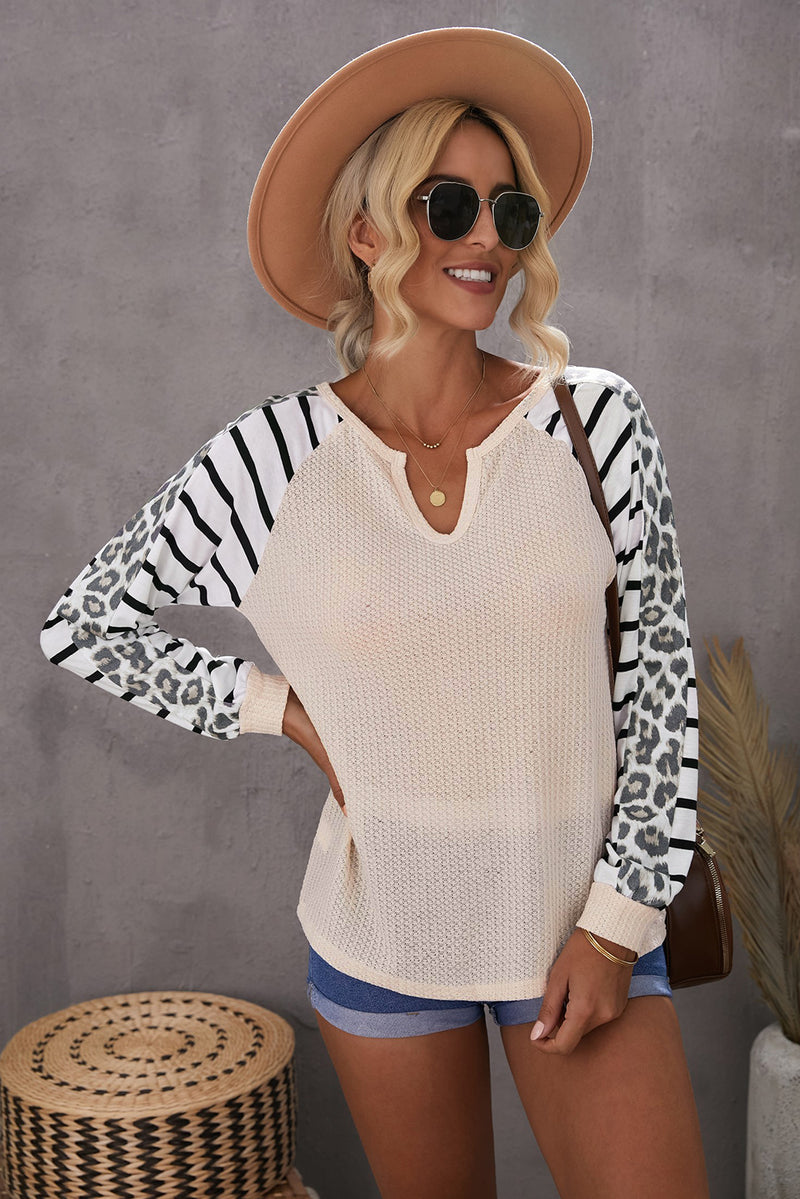 Animal Striped Sleeve Patchwork Waffle Knit Top