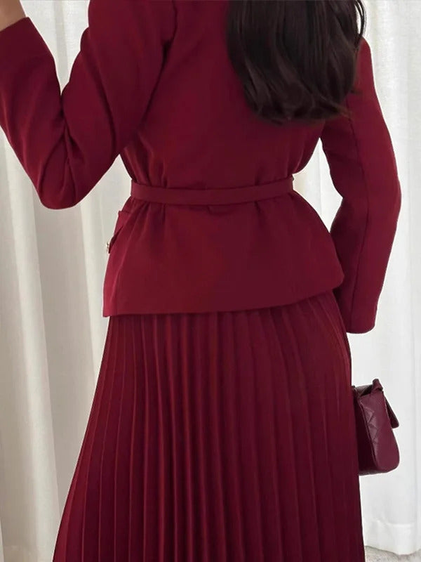 Elegant Women's Two Pieces Set Single-breasted Lapel Large Size Coat Belt Pleated Midi Skirt Suit 2025 Lady New In Matching Sets