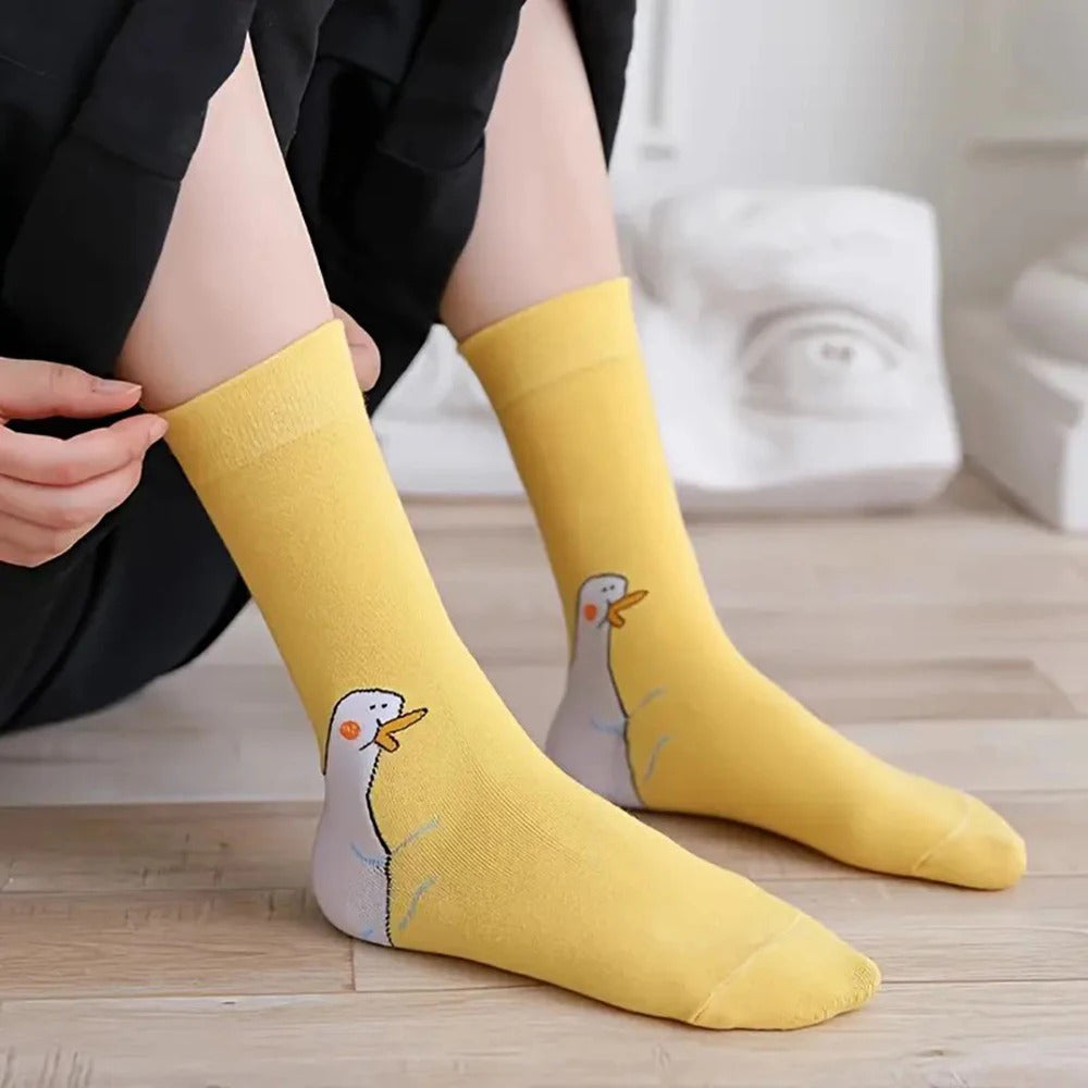 1/6 Pairs Cartoon Women Socks Fashionable And Versatile Cute Design Funny Goose Breathable Soft Comfortable Women Casual Socks﻿