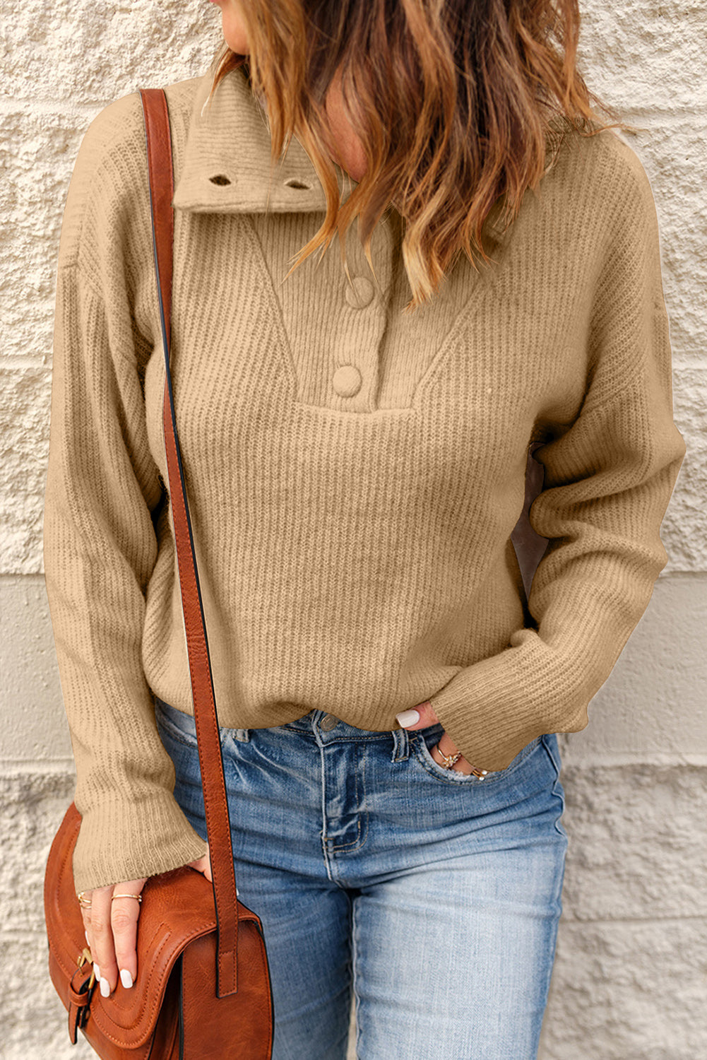 Khaki Buttoned Turn Down Collar Comfy Ribbed Sweater