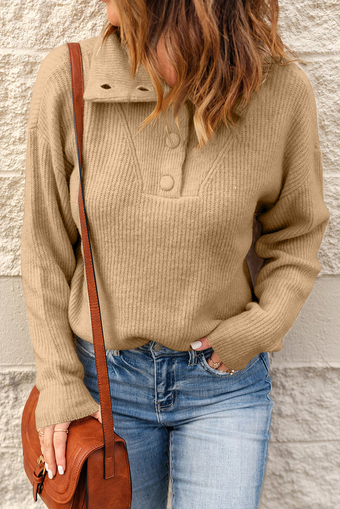 Khaki Buttoned Turn Down Collar Comfy Ribbed Sweater