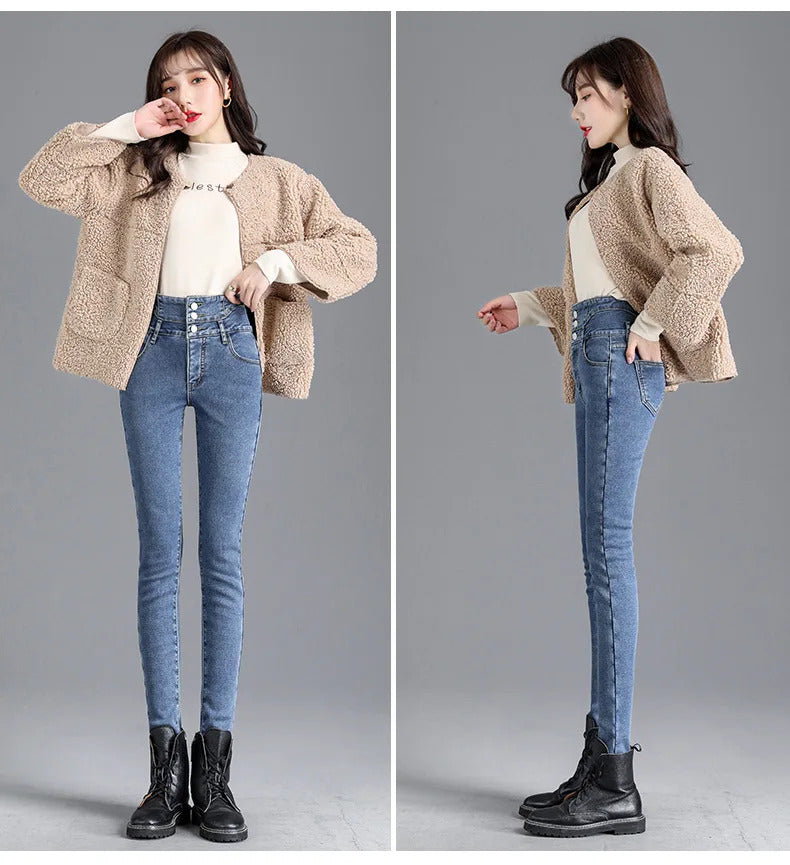 Thermal Winter Thick Fleece High-waist Warm Skinny Jeans Thick Women Stretch Button Pencil Pants Mom Casual Velvet Jeans