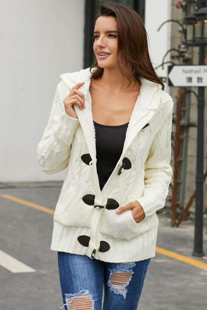 White Fur Hood Horn Button Sweater Cardigan