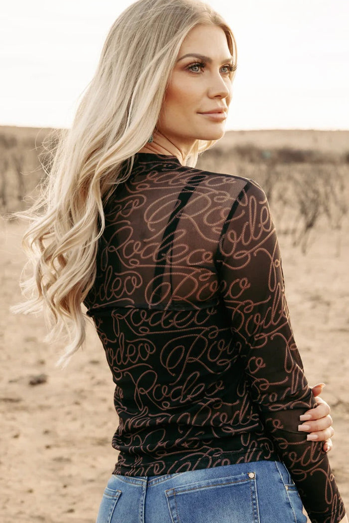 Black Western Rodeo Printed Mock Neck Long Sleeve Mesh Top