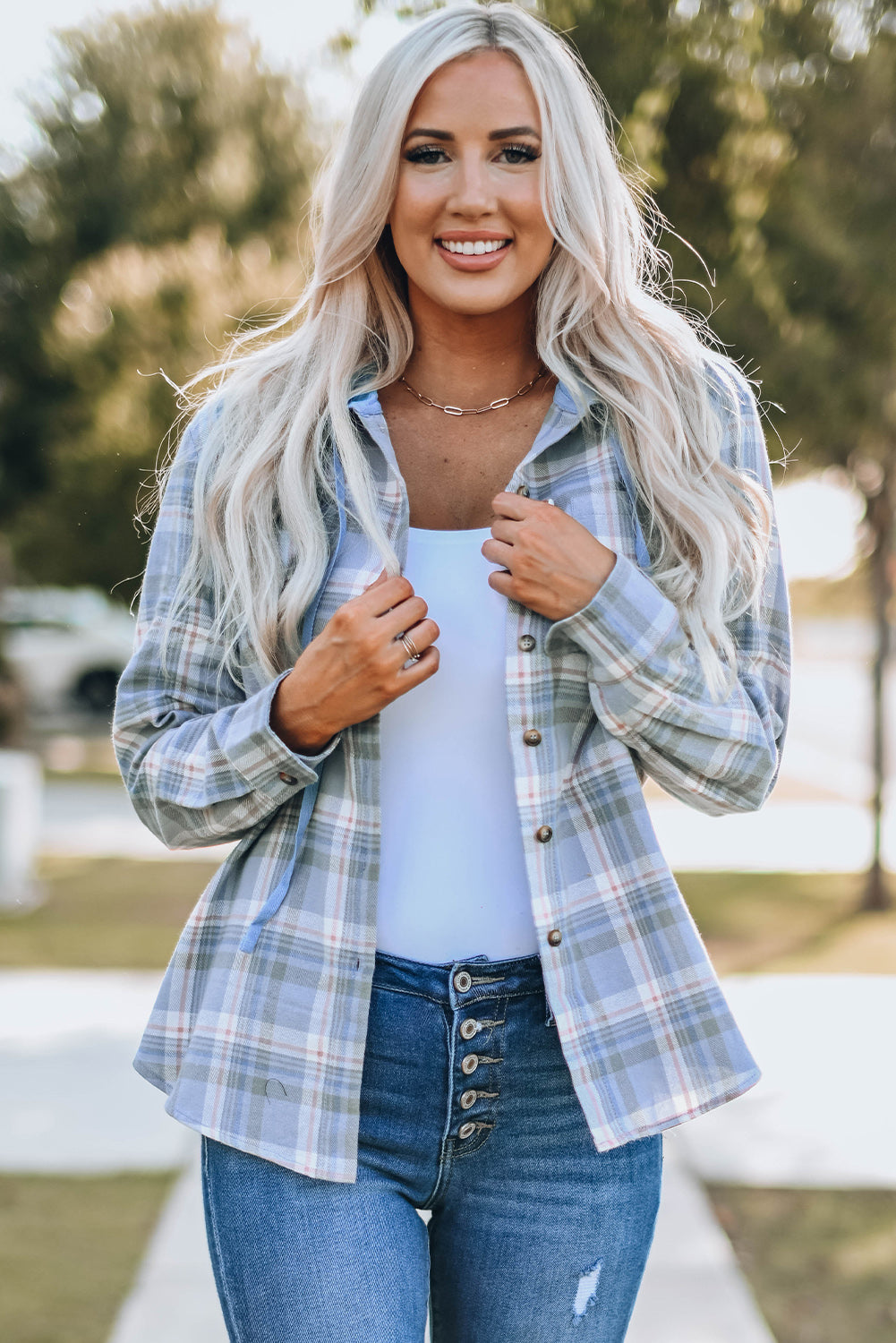 Sky Blue Plaid Print Pocket Drawstring Hooded Jacket