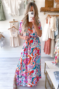 Women's Abstract Printed Wrap V Neck Belted Maxi Dress