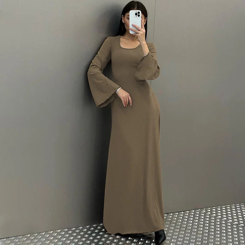 Long Flare Sleeved Maxi Floor-Length Dress Summer Solid Fashion Casual Office Lady Dresses for Women Slim Sexy Lace-up Vestidos