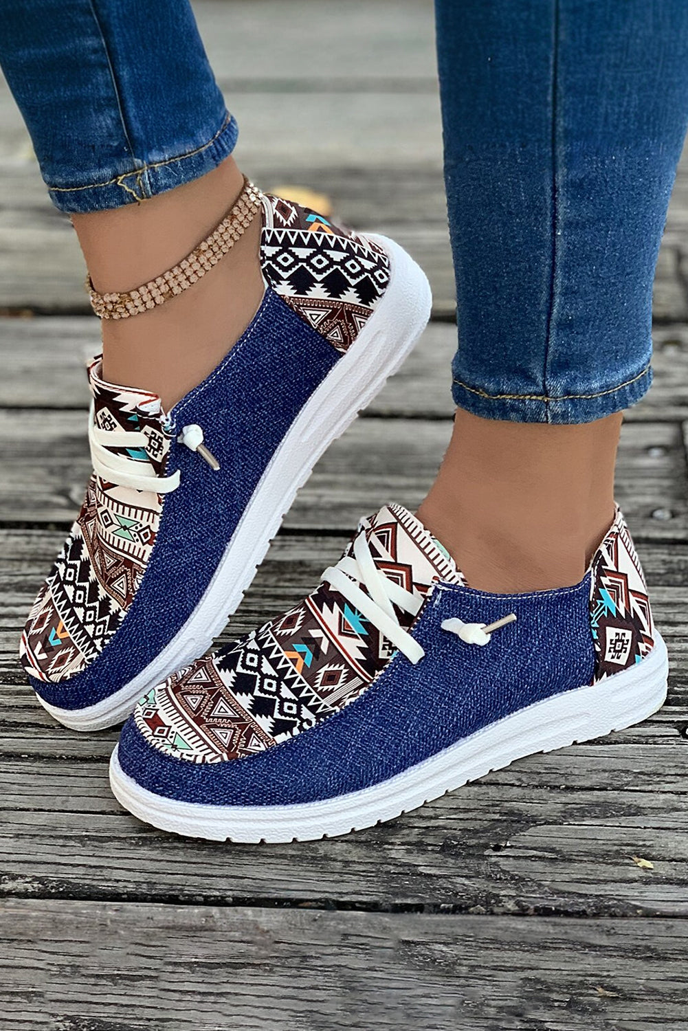 Ashleigh Blue Vintage Aztec Patchwork Lace-up Decor Flat Shoes