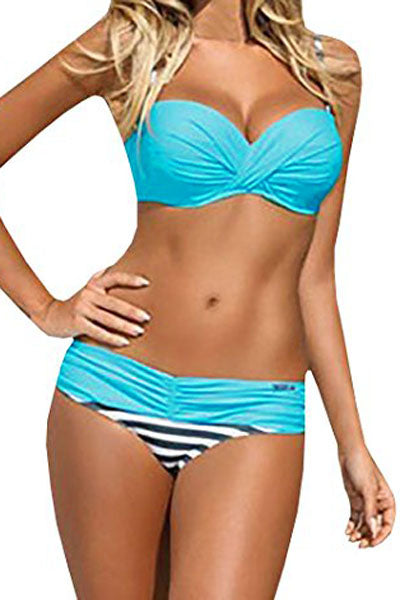 Sky Blue Geometric Padded Gather Push-up Bikini Set