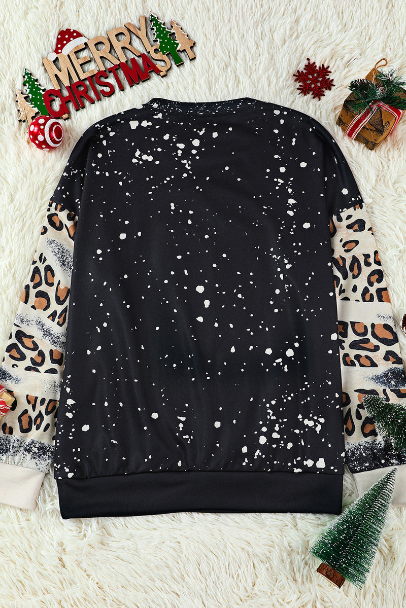 Black Merry Christmas Multi Tree Print Leopard Sleeve Sweatshirt