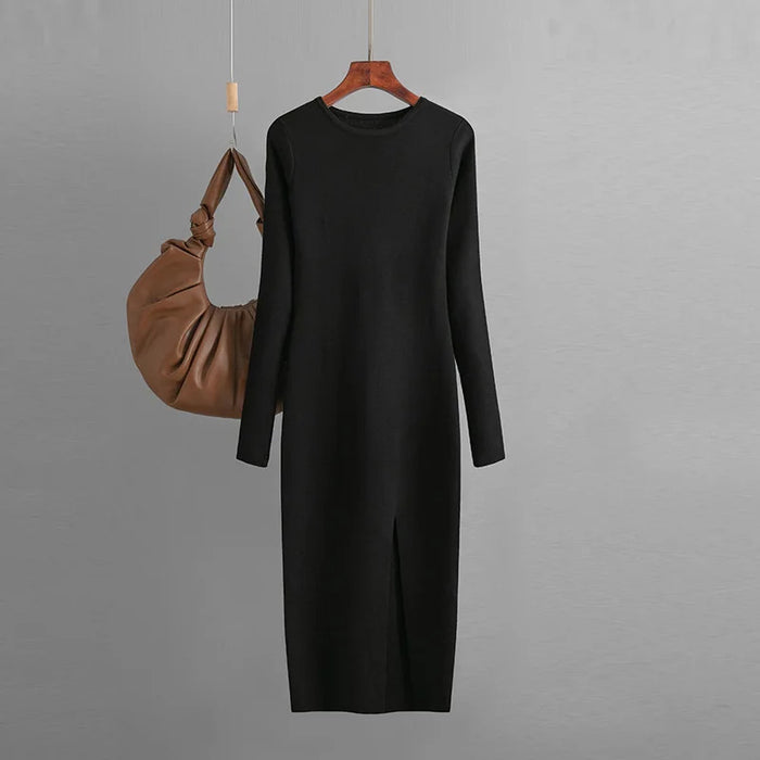 HLBCBG Elegant Winter Long Sleeve Pullover Midi Dress Thick Warm  bodycon Party Dresses O Neck Long Knit Women Sweater Dress