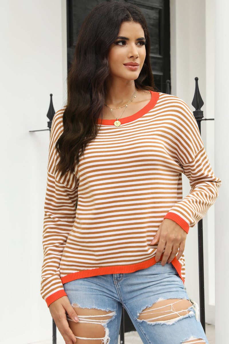 Gray Contrast Trimmed Striped Drop Shoulder Sweater