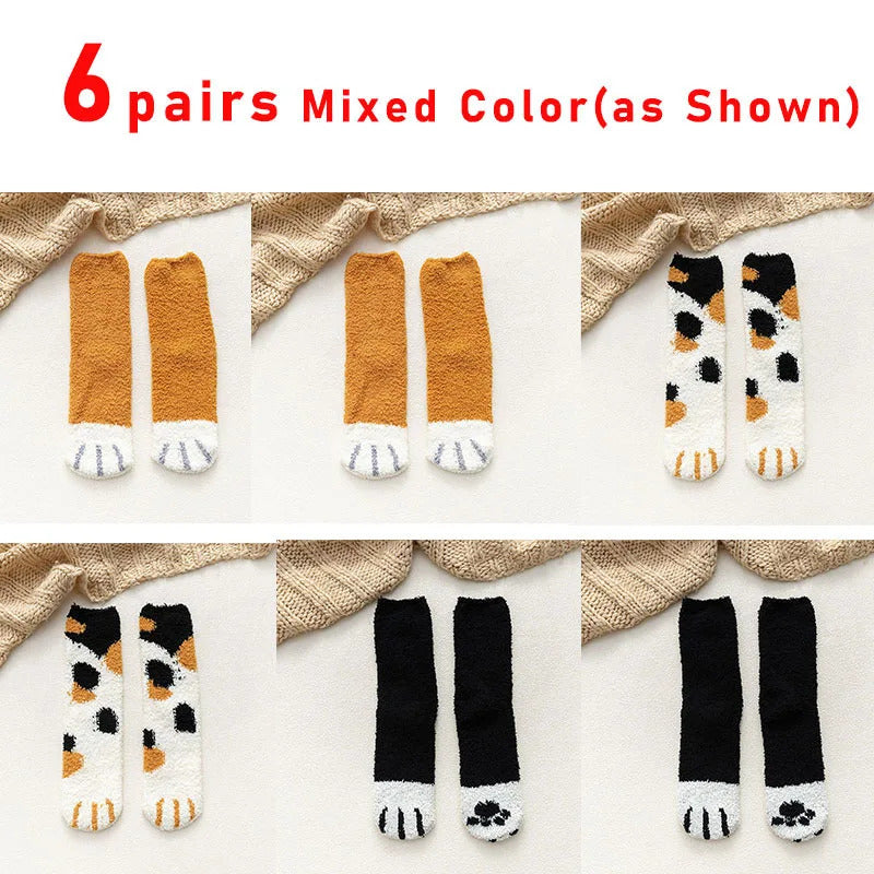 6 pairs Woman socks Set Cartoon Cute 3D Dog Cat Paw Pattern Winter Female Fleece Warm Home Floor Sleeping Thick Socks Wholesale