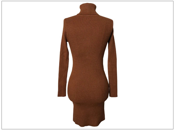 Women Autumn Winter Turtleneck Warm Bodycon Dress Long Sleeve Knit Solid Office Pullover Sexy Mini Dress for Ladies 2023