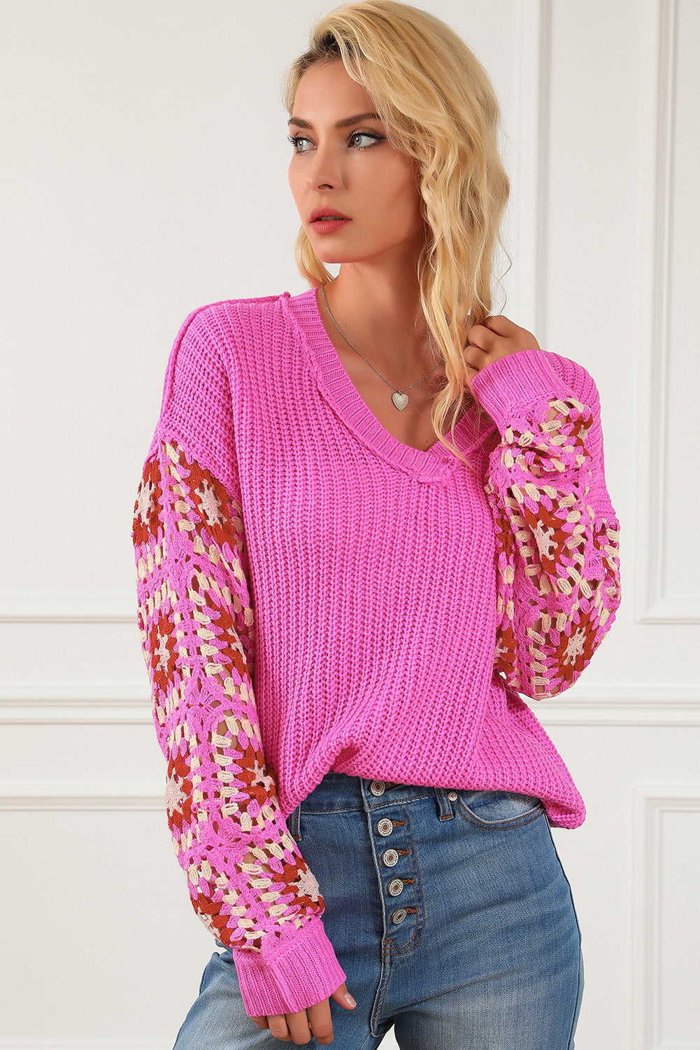 Rose Floral Crochet Cable Knit V Neck Sweater