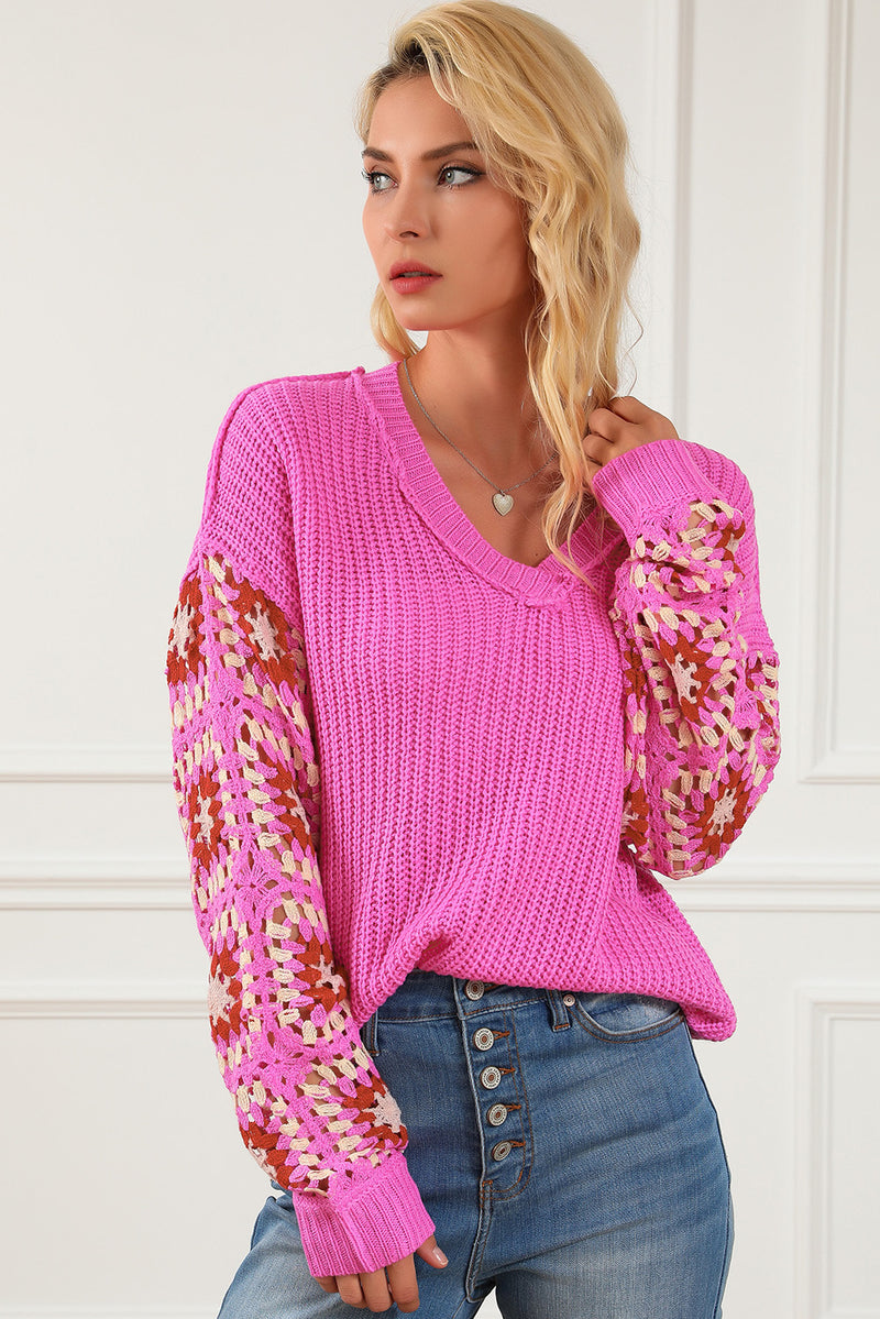 Rose Floral Crochet Cable Knit V Neck Sweater