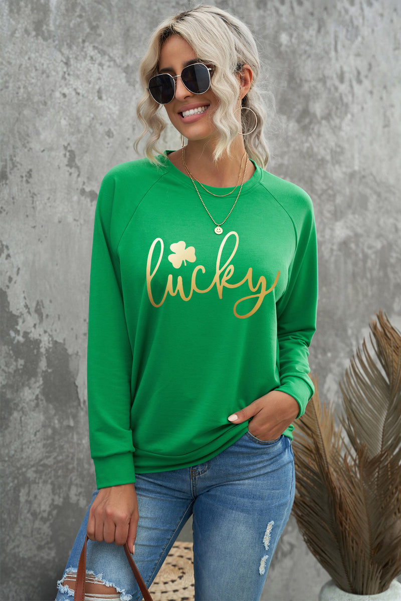 Green Lucky Glitter Graphic Raglan Sleeve Pullover Sweatshirt