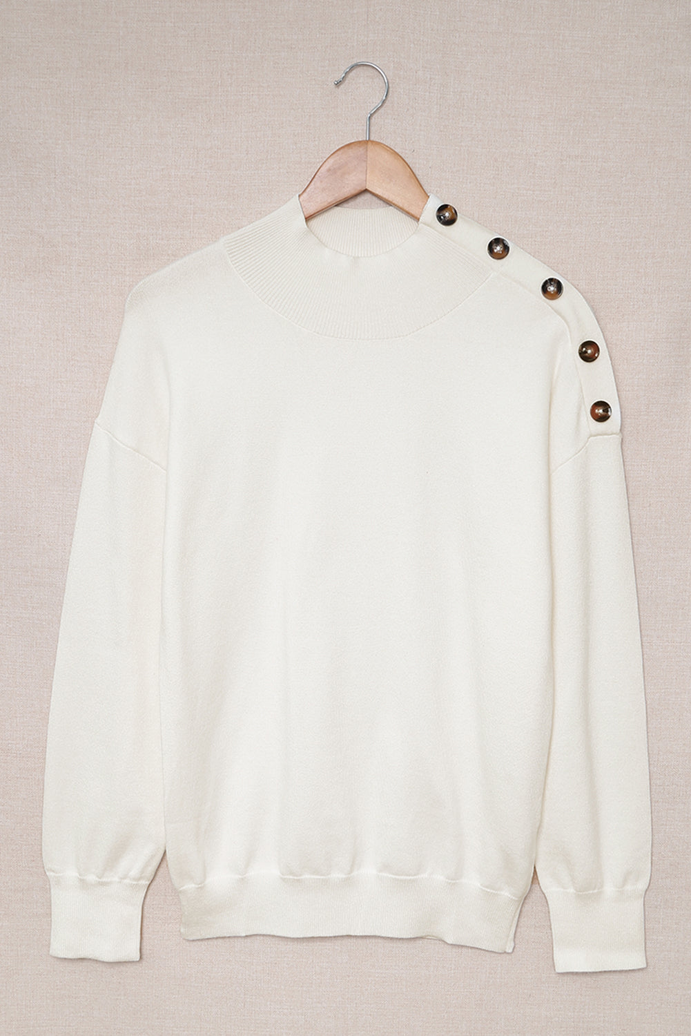 High Neck Button Shoulder Long Sleeve Sweater