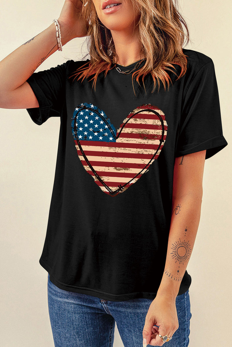 Black American Flag Heart Shape Round Neck Graphic Tee