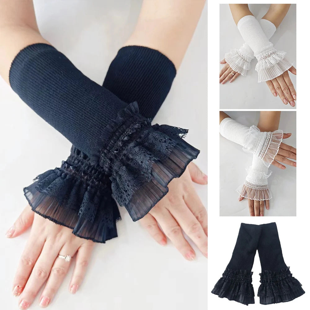 Women Lace Ruffles Cuff Elbow Sleeve Spring Autumn Detachable Fake Sleeve Arm Covers Solid Color Arm Cover Sweater Decorative