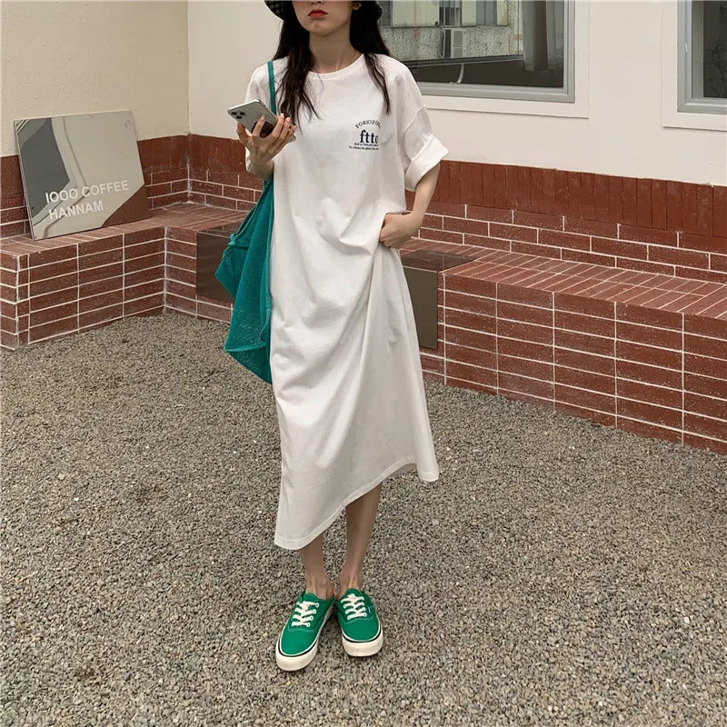 1 Piece plus Size WOMEN'S Loose Split Knee-length T-shirt Dress Casual Simple Fashionable Letter Print Nightgowns