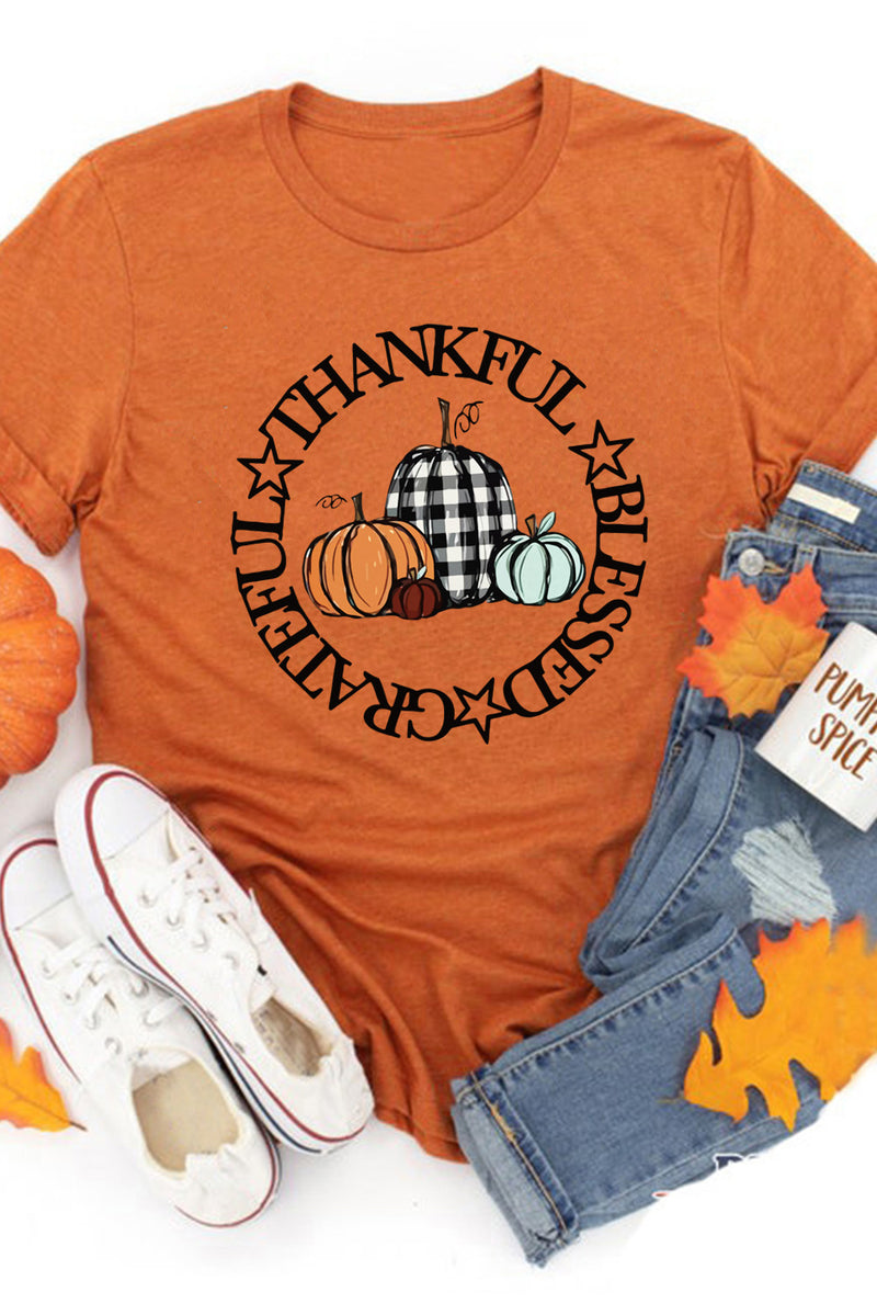 Orange Thankful Blessed Grateful Pumpkin Graphic T Shirt