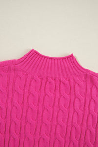 Rose Red Solid Cable Knit High Neck Drop Shoulder Sweater