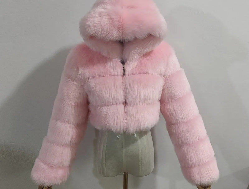 High Quality Furry Cropped Faux Fur Coats and Jackets Women Fluffy Top Coat With Hooded Winter Fur Jacket Manteau Femme