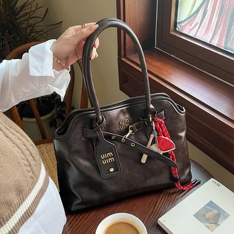 Women's Retro Brown Shell Bag Popular Large Capacity Multiple Compartments Briefcase High Quality Fashion Shoulder Tote Bag