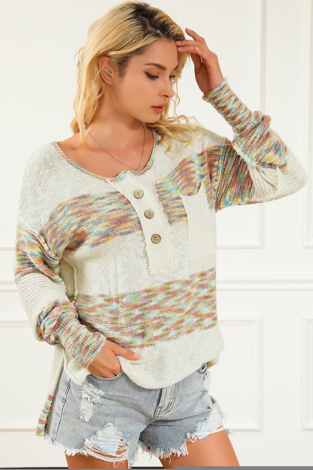 Multicolor Space Dye Henley Knit Sweater