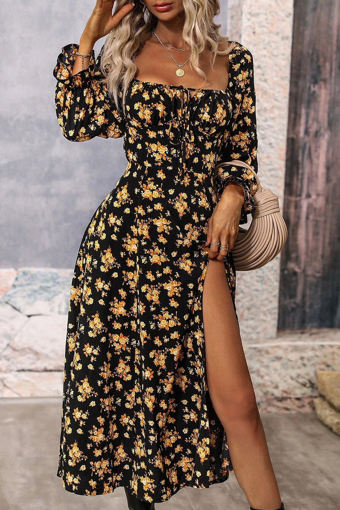 Black Floral Tie Square Neck Puff Sleeve Slit Dress